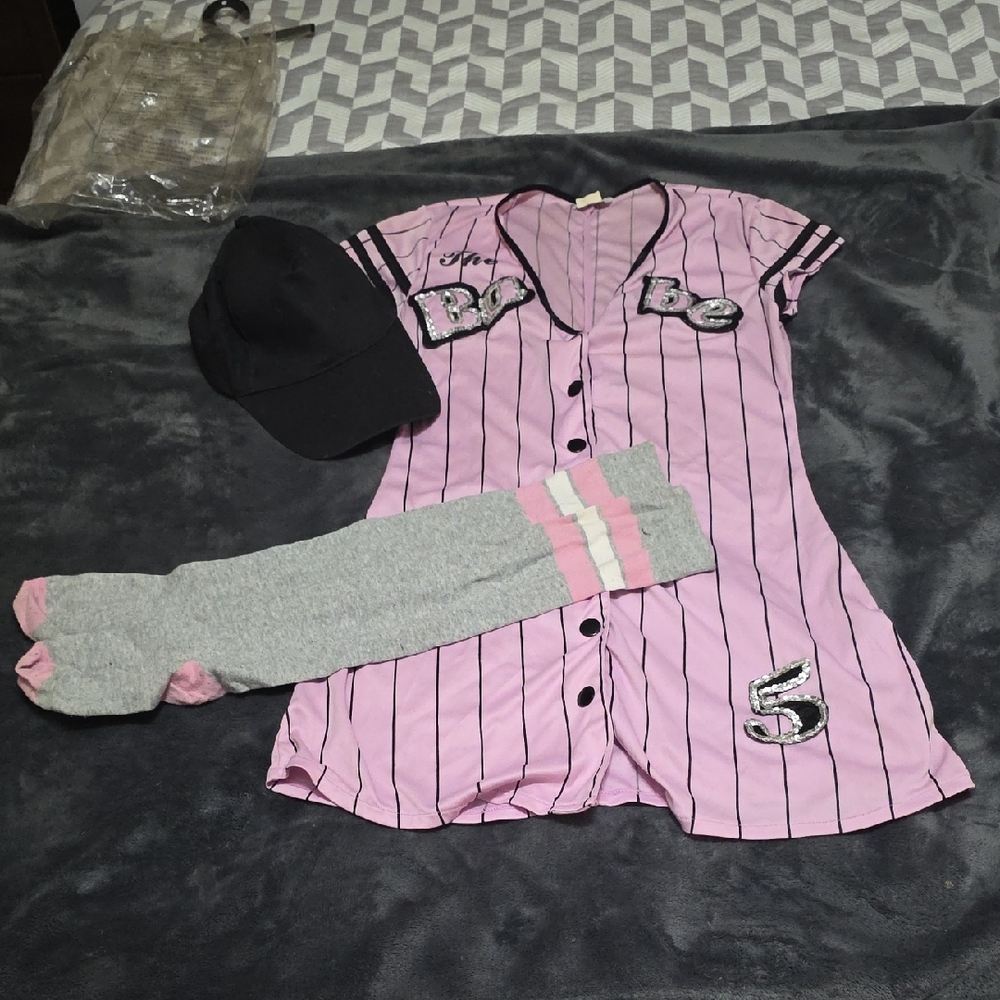 Pink Striped Baseball Girl Dress with Accessories